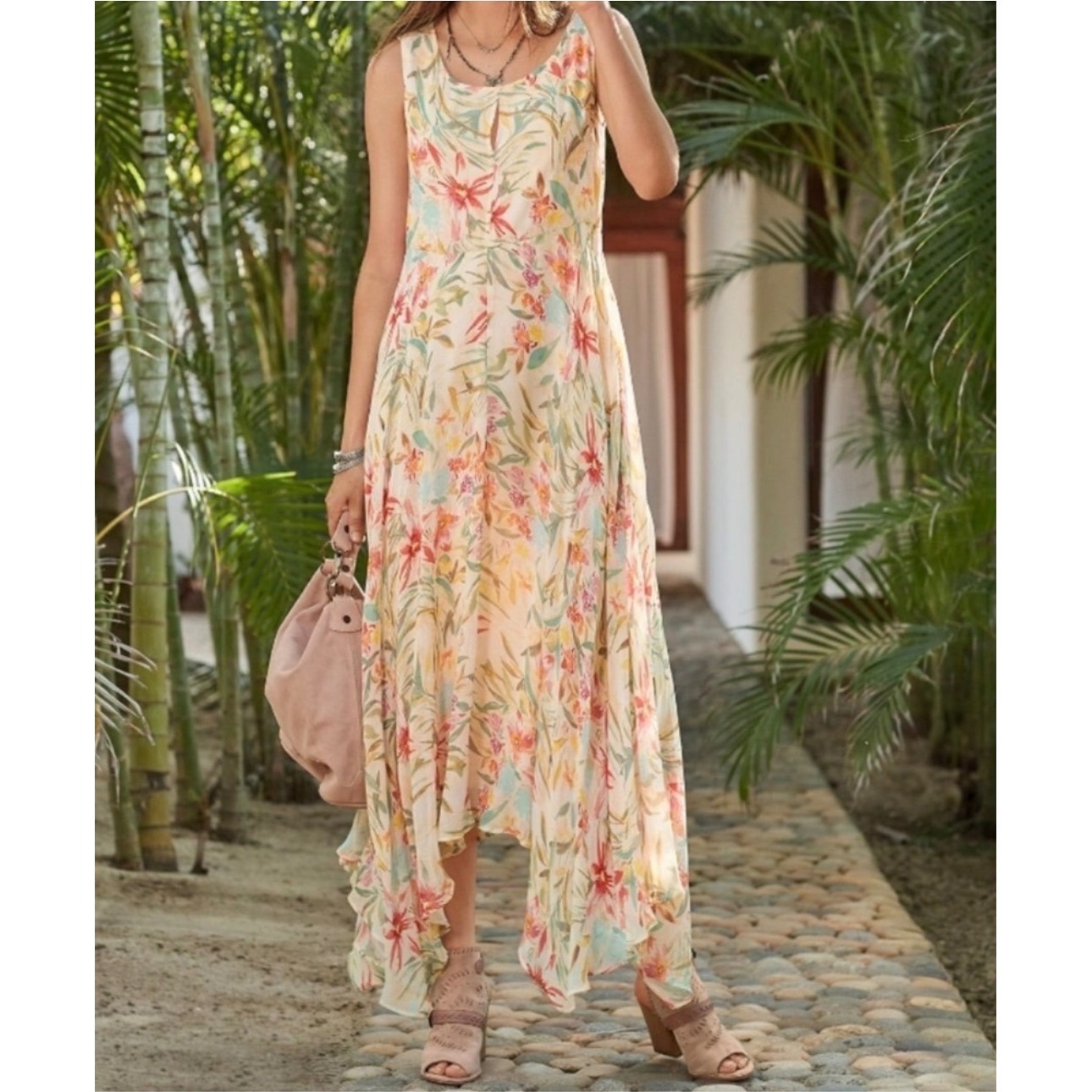 Sundance Natural World Botanical Floral Handkerchief Hem Dress Women's Size 12